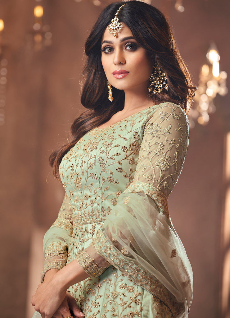 Dusty Mint Green Designer Heavy Embroidered Net Bridal Anarkali Suit-Saira's Boutique