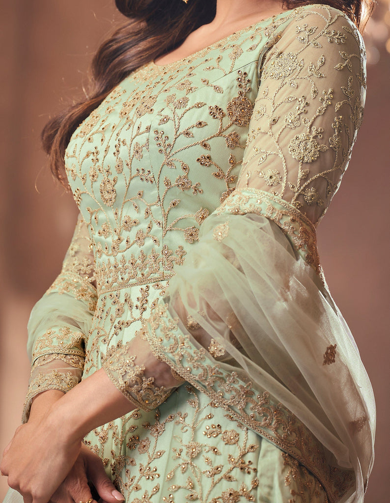 Dusty Mint Green Designer Heavy Embroidered Net Bridal Anarkali Suit-Saira's Boutique