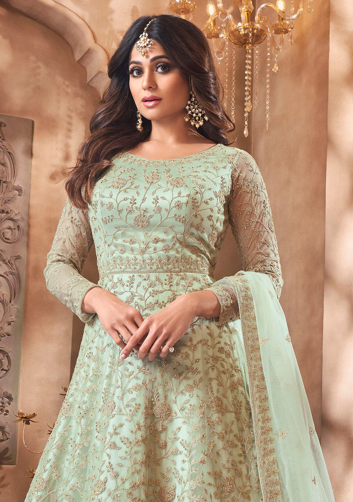 Dusty Mint Green Designer Heavy Embroidered Net Bridal Anarkali Suit-Saira's Boutique