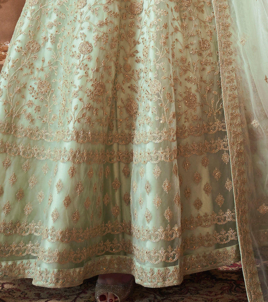 Dusty Mint Green Designer Heavy Embroidered Net Bridal Anarkali Suit-Saira's Boutique