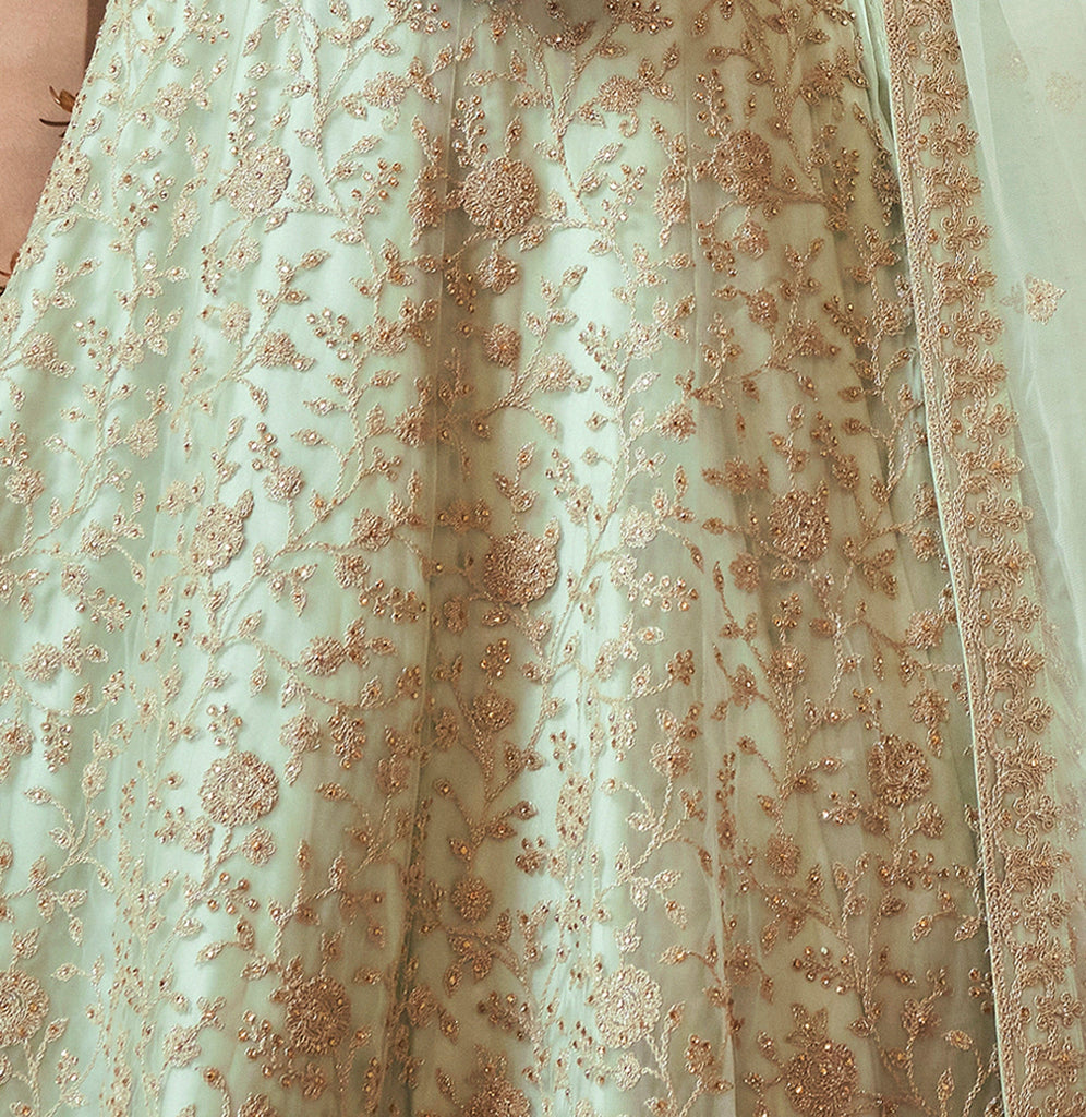 Dusty Mint Green Designer Heavy Embroidered Net Bridal Anarkali Suit-Saira's Boutique