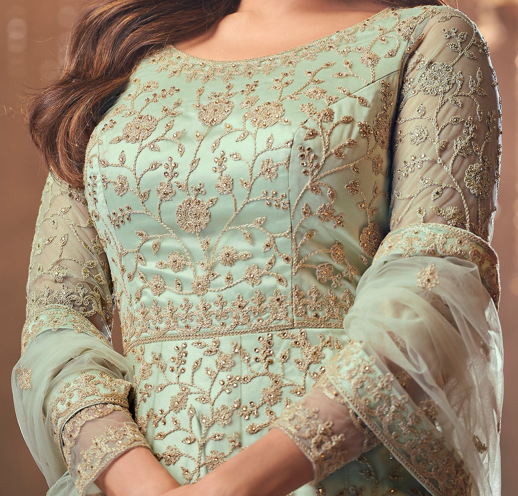 Dusty Mint Green Designer Heavy Embroidered Net Bridal Anarkali Suit-Saira's Boutique