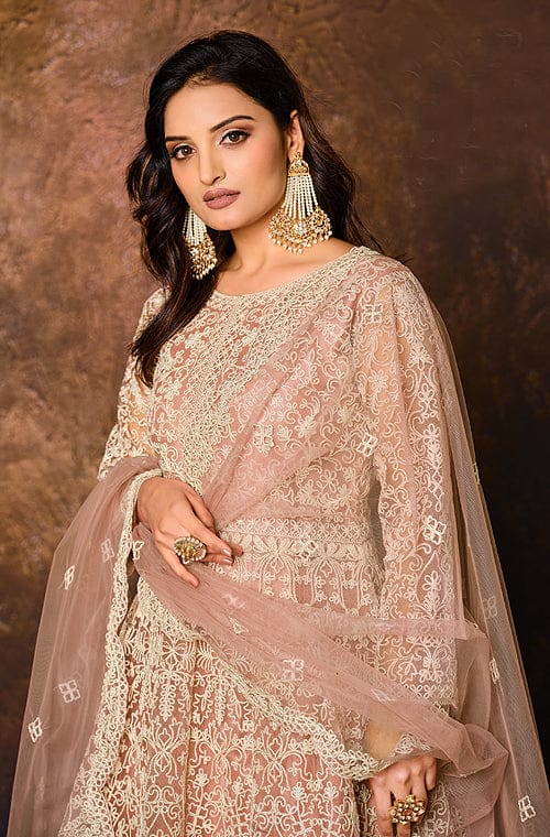 Dusty Peach Designer Heavy Embroidered Net Anarkali Suit-Saira's Boutique