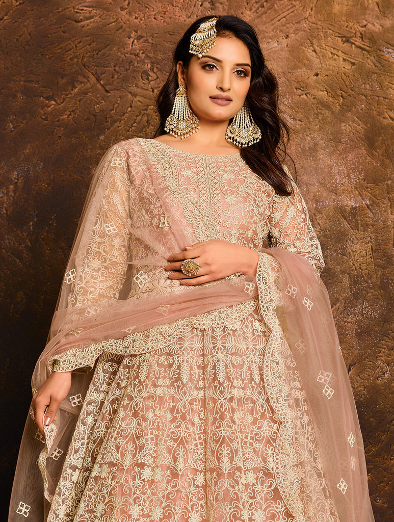 Dusty Peach Designer Heavy Embroidered Net Anarkali Suit-Saira's Boutique