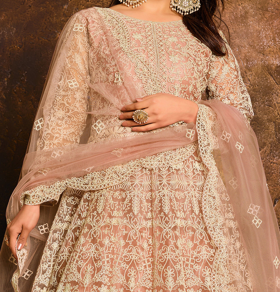 Dusty Peach Designer Heavy Embroidered Net Anarkali Suit-Saira's Boutique