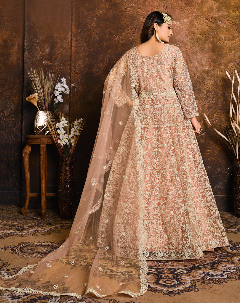 Dusty Peach Designer Heavy Embroidered Net Anarkali Suit-Saira's Boutique