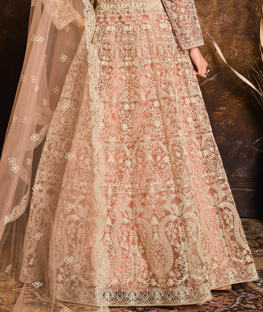 Dusty Peach Designer Heavy Embroidered Net Anarkali Suit-Saira's Boutique