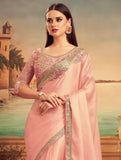 Dusty Peach Pink Designer Embroidered Silk Party Wear Saree-Saira's Boutique