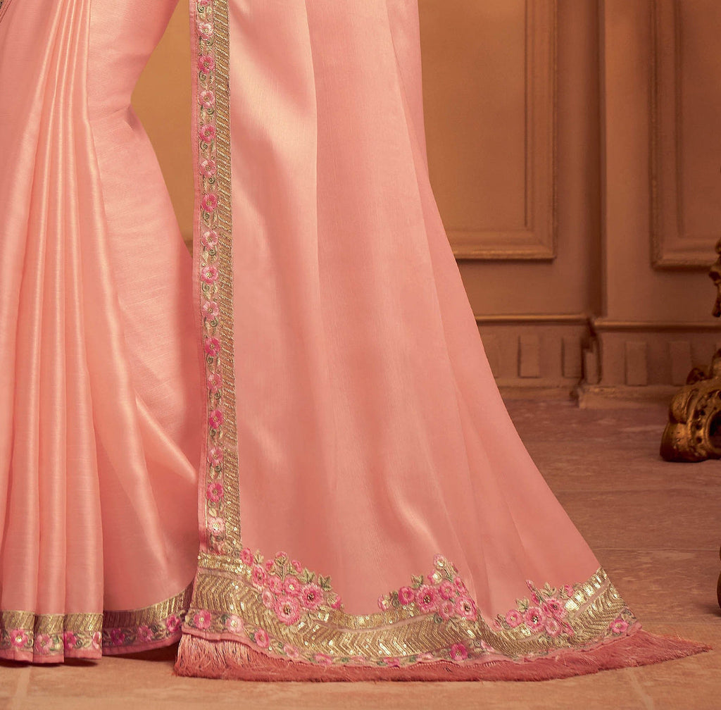 Dusty Peach Pink Designer Embroidered Silk Party Wear Saree-Saira's Boutique