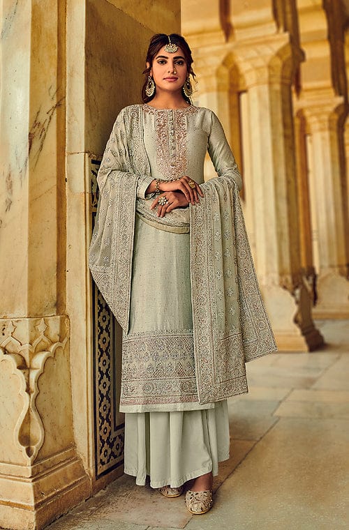 Delicate Printed Red And Grey Silk Sharara Suit For Girls – Kaleendi