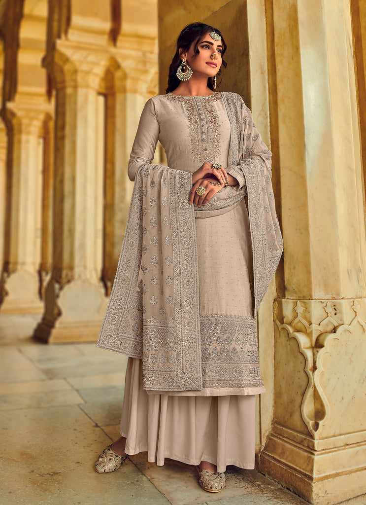 Dusty Taupe Designer Embroidered Silk Wedding Sharara Suit-Saira's Boutique