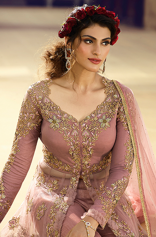 Dusty Rose Designer Embroidered Lehenga Style Net Wedding Anarkali Suit-Saira's Boutique
