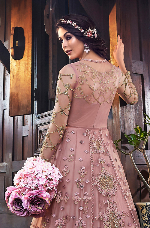 Dusty Rose Designer Embroidered Satin Bridal Anarkali Gown-Saira's Boutique