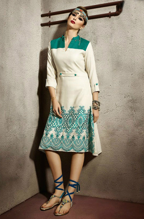 Ethnic Cream Colored Partywear Embroidered Rayon Long Kurti