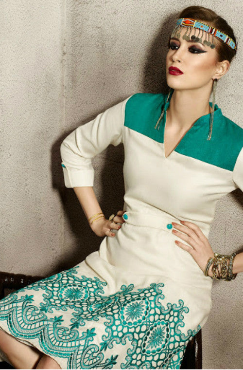 Cream & Green Embroidered Pashmina Kurti-Saira's Boutique