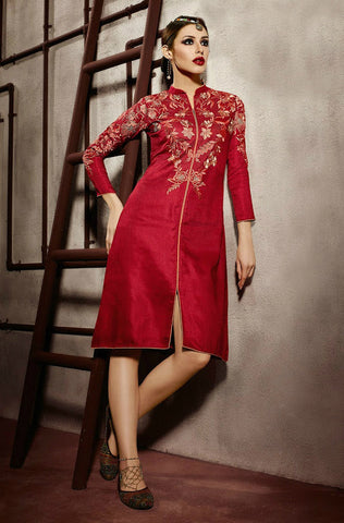 Red & Black Embroidered Georgette Kurti