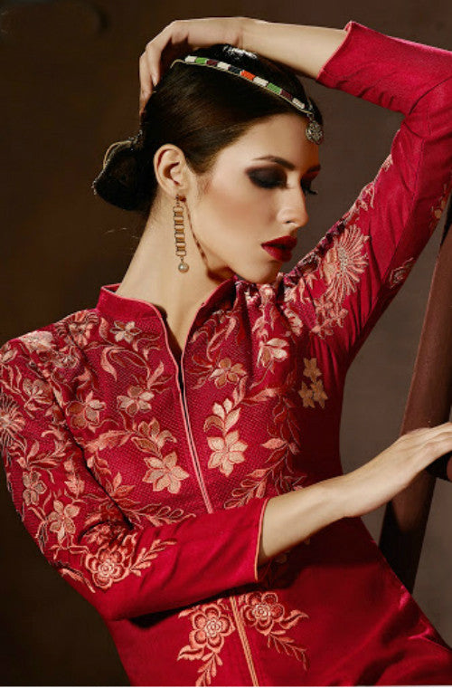 Red and Gold Banarsi Georgette Floor Length Kurti – anokherang