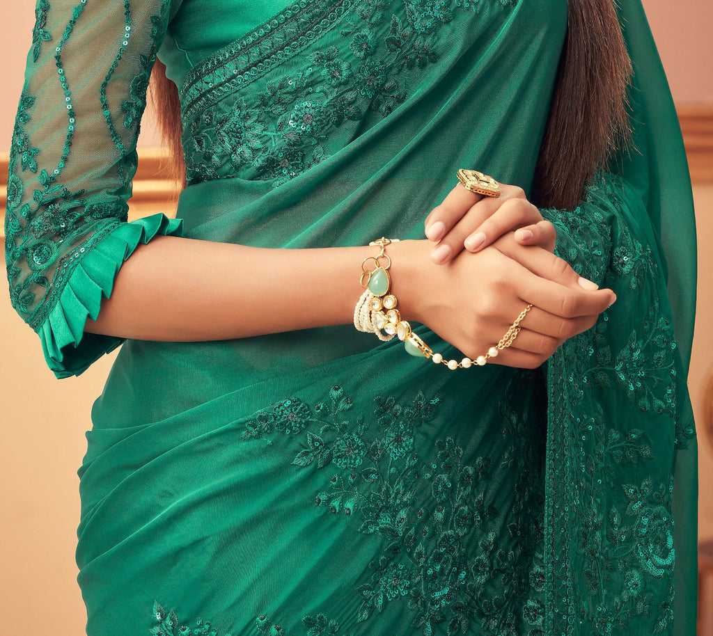 Emerald Green Designer Embroidered Silk Wedding Saree-Saira's Boutique