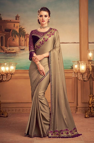 Taupe & Maroon Designer Embroidered Silk Wedding Saree