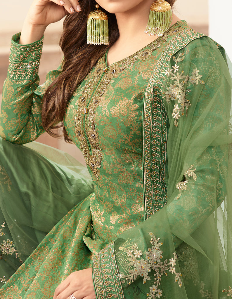 Fern Green Designer Embroidered Jacquard Sharara Suit-Saira's Boutique