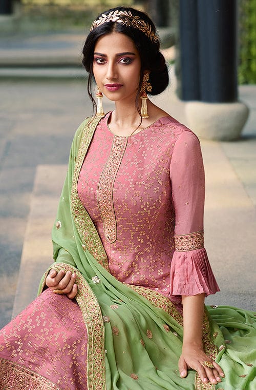 French Rose & Light Green Designer Embroidered Wedding Palazzo Suit-Saira's Boutique