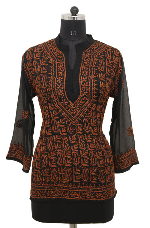 Black Georgette Top with Chikankari Embroidery-Saira's Boutique