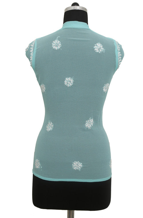 Turquoise Blue Georgette Top with Chikankari Embroidery-Saira's Boutique