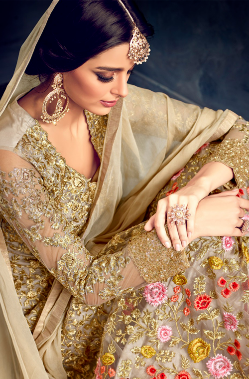 Gold Designer Heavy Embroidered Net Wedding & Bridal Anarkali Suit-Saira's Boutique