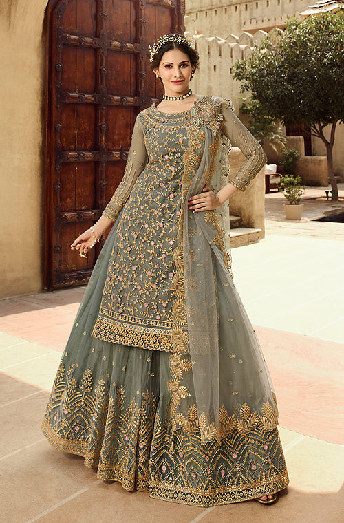 Gray Designer Embroidered Net Wedding Kurti Style Lehenga