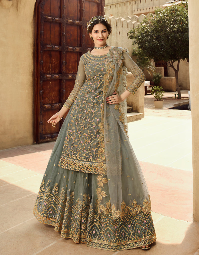 Gray Designer Embroidered Net Wedding Kurti Style Lehenga-Saira's Boutique