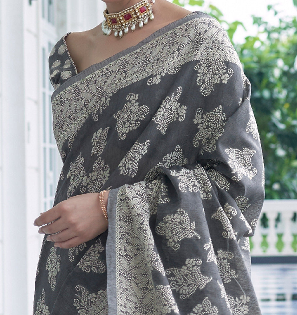 Gray Designer Heavy Embroidered Chikankari Party Wear Saree-Saira's Boutique