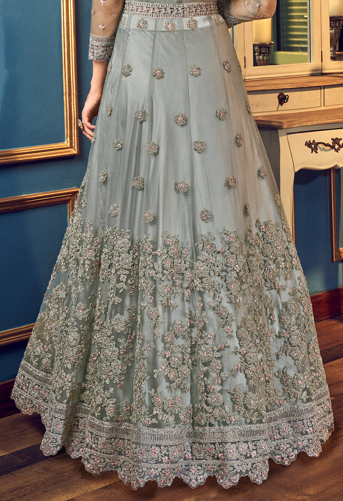 Gray Designer Heavy Embroidered Net Wedding Anarkali Gown-Saira's Boutique