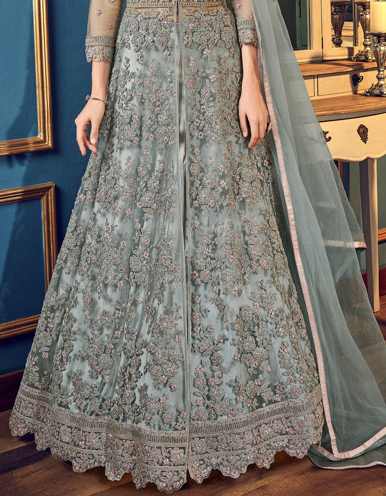 Gray Designer Heavy Embroidered Net Wedding Anarkali Gown-Saira's Boutique
