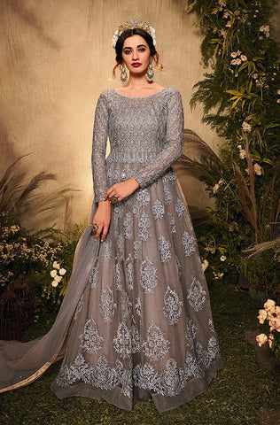 Sage Green Designer Heavy Embroidered Net Wedding Anarkali Gown