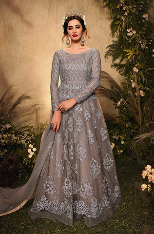 Dusty Gray Designer Embroidered Satin Anarkali Gown