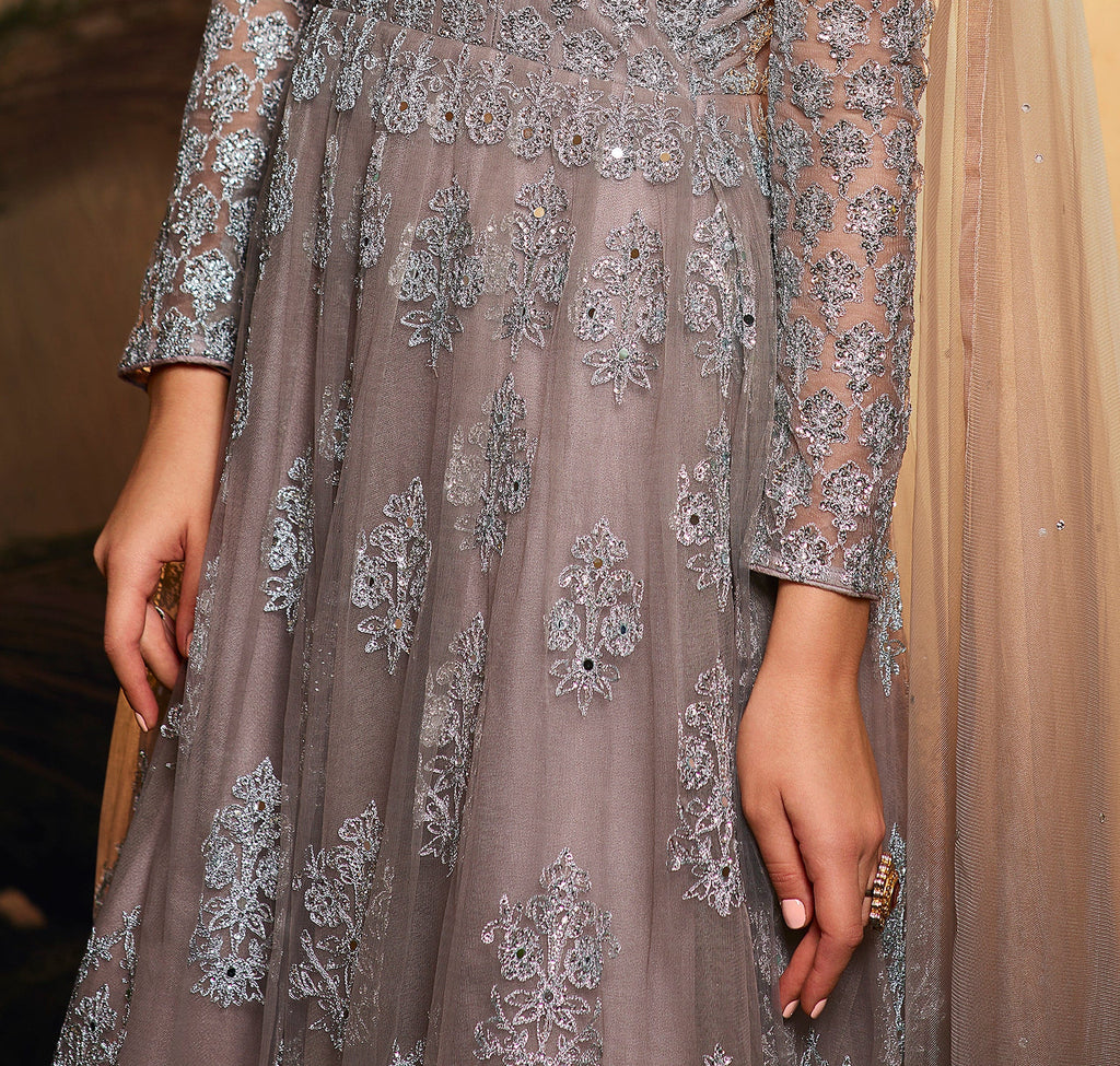 Gray Mauve Designer Heavy Embroidered Wedding Anarkali Gown-Saira's Boutique