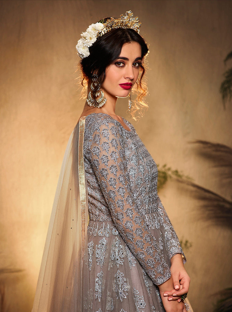 Gray Mauve Designer Heavy Embroidered Wedding Anarkali Gown-Saira's Boutique