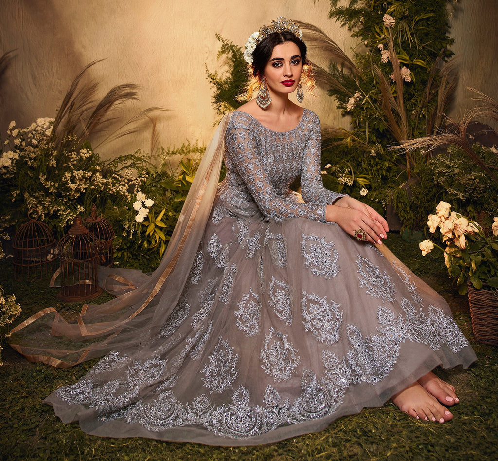 Gray Mauve Designer Heavy Embroidered Wedding Anarkali Gown-Saira's Boutique