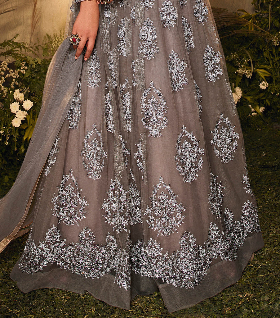 Gray Mauve Designer Heavy Embroidered Wedding Anarkali Gown-Saira's Boutique