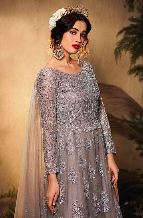 Gray Mauve Designer Heavy Embroidered Wedding Anarkali Gown-Saira's Boutique