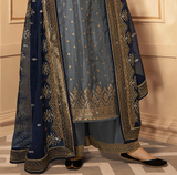 Gray & Blue Designer Embroidered Silk Jacquard Palazzo Suit-Saira's Boutique