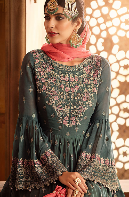 Gray & Coral Pink Designer Heavy Embroidered Georgette Sharara Suit-Saira's Boutique