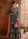 Gray & Coral Pink Designer Heavy Embroidered Georgette Sharara Suit-Saira's Boutique