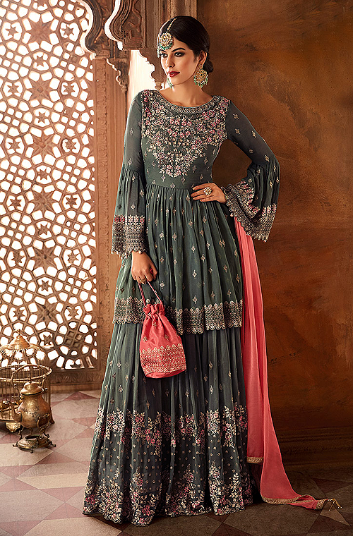 Gray Coral Pink Designer Heavy Embroidered Georgette Sharara Suit Saira s Boutique