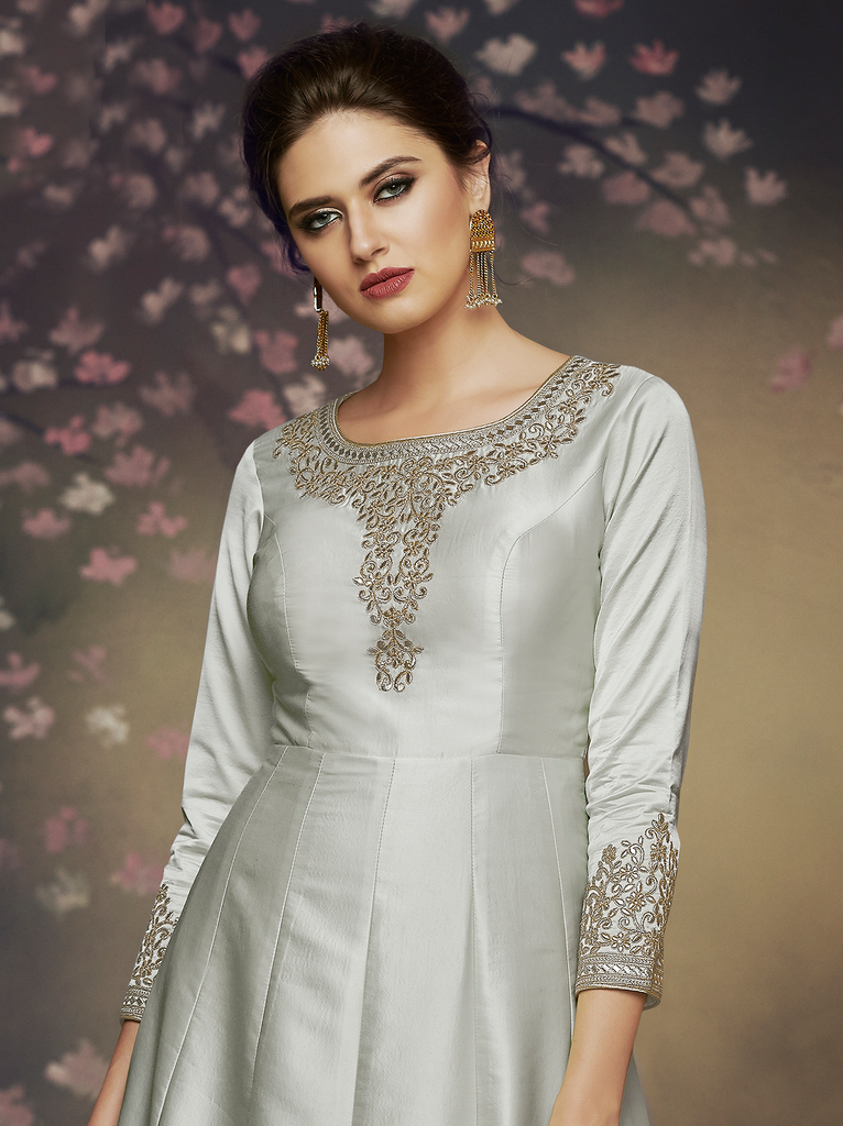 Gray Designer Embroidered Satin Silk Anarkali Gown-Saira's Boutique