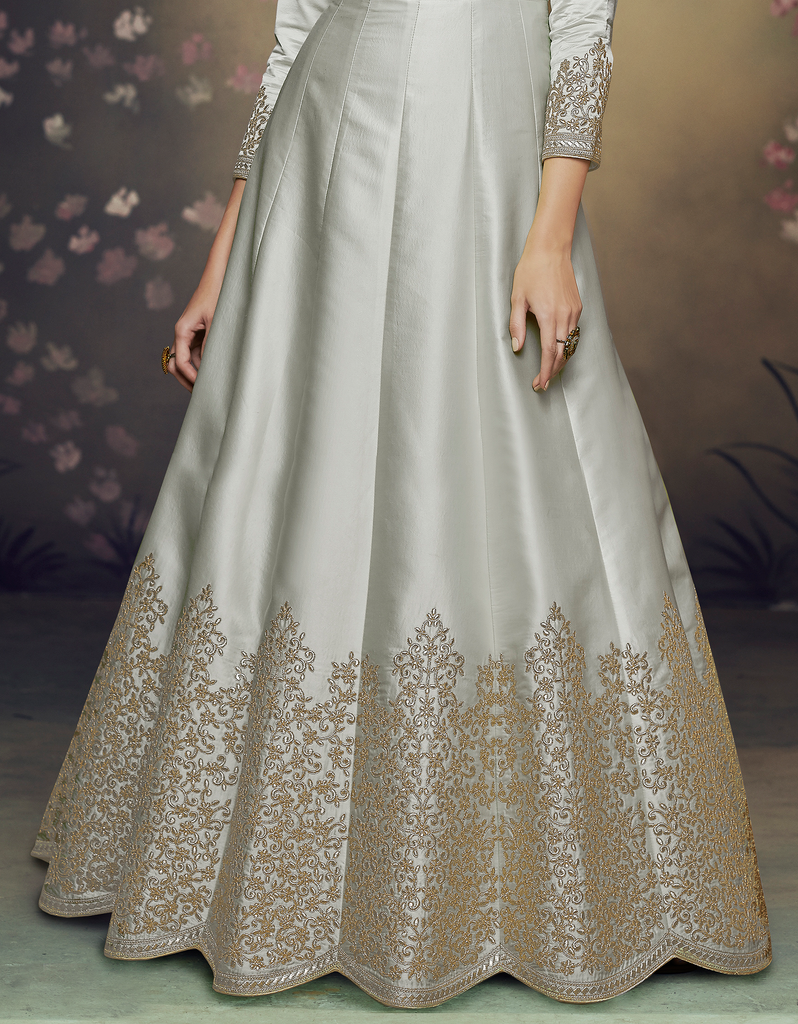 Gray Designer Embroidered Satin Silk Anarkali Gown-Saira's Boutique