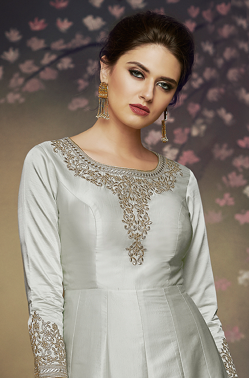 Gray Designer Embroidered Satin Silk Anarkali Gown-Saira's Boutique