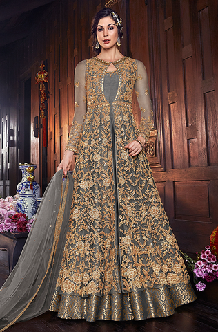 Mauve & Gold Designer Embroidered Silk Bridal Anarkali Gown