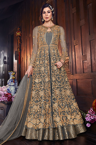 Gray Designer Embroidered Satin Silk Anarkali Gown