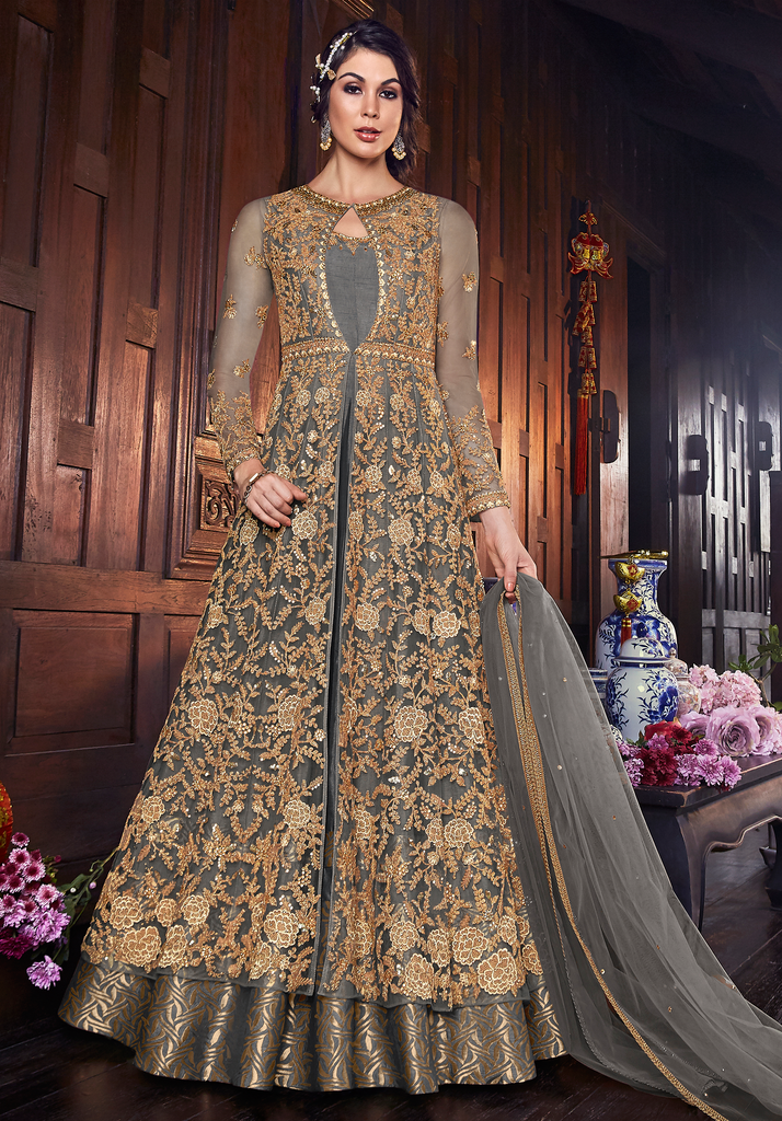 Gray Gold Designer Embroidered Silk Bridal Anarkali Gown